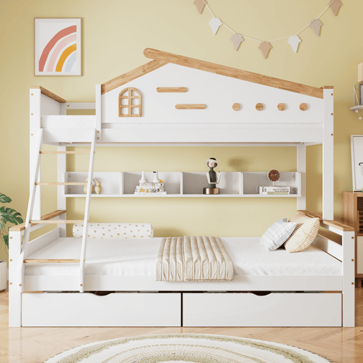 Beliche de madeira 90x200cm + 140x200cm - com escada e 2 gavetas - Natural e Branco