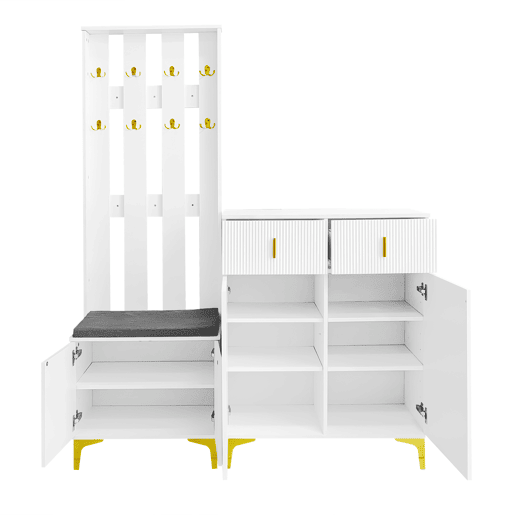 Conjunto de roupeiro com ganchos, sapateira e cacifo - Branco Conjunto de roupeiro com ganchos, sapateira e cacifo - Branco