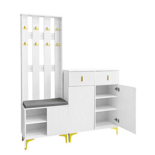 Conjunto de roupeiro com ganchos, sapateira e cacifo - Branco Conjunto de roupeiro com ganchos, sapateira e cacifo - Branco