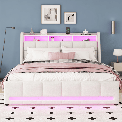 Cama de casal em tecido de linho 140x200 cm - com 2 gavetas + LED + tomada USB - Bege