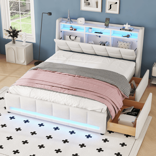 Cama de casal em tecido de linho 140x200 cm - com 2 gavetas + LED + tomada USB - Bege