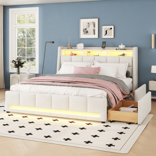 Cama de casal em tecido de linho 140x200 cm - com 2 gavetas + LED + tomada USB - Bege