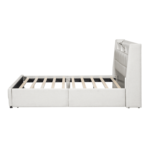 Cama de casal em tecido de linho 140x200 cm - com 2 gavetas + LED + tomada USB - Bege