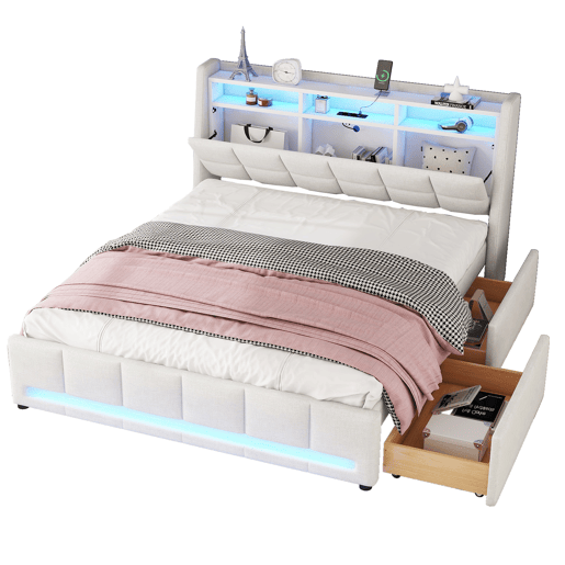Cama de casal em tecido de linho 140x200 cm - com 2 gavetas + LED + tomada USB - Bege