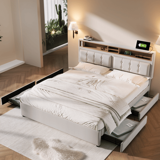 Cama de adulto estofada com 4 gavetas e porta de carregamento USB - 140x200cm - Tecido de linho - Bege