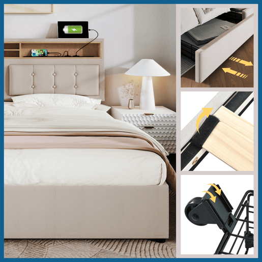 Cama de adulto estofada com 4 gavetas e porta de carregamento USB - 140x200cm - Tecido de linho - Bege