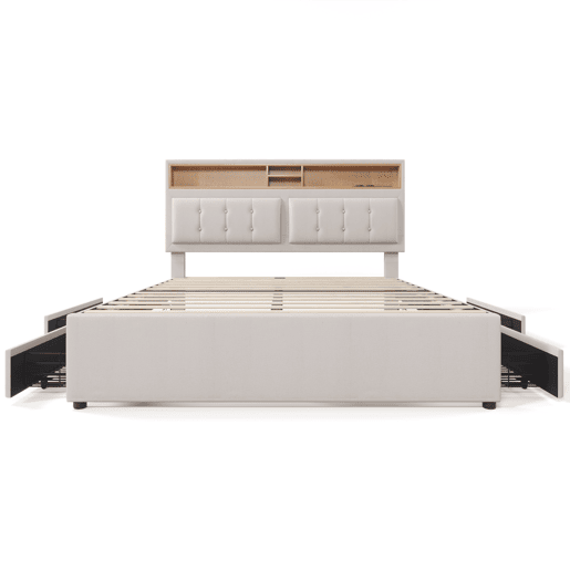 Cama de adulto estofada com 4 gavetas e porta de carregamento USB - 140x200cm - Tecido de linho - Bege