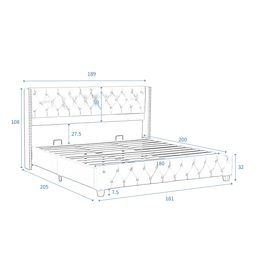 Cama para adultos estofada em veludo - 180x200 cm - com estrado - Cinza