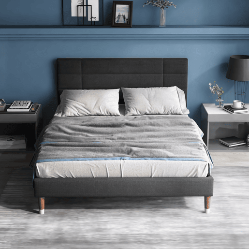 Cama de casal 140x200cm - cama estofada em linho com estrado e cabeceira - Cinzento