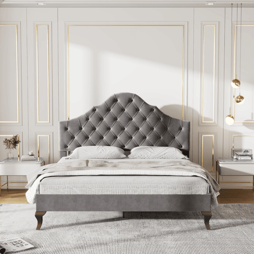 Cama estofada 140x200cm em veludo com cabeceira regulável + estrado - Cinzento