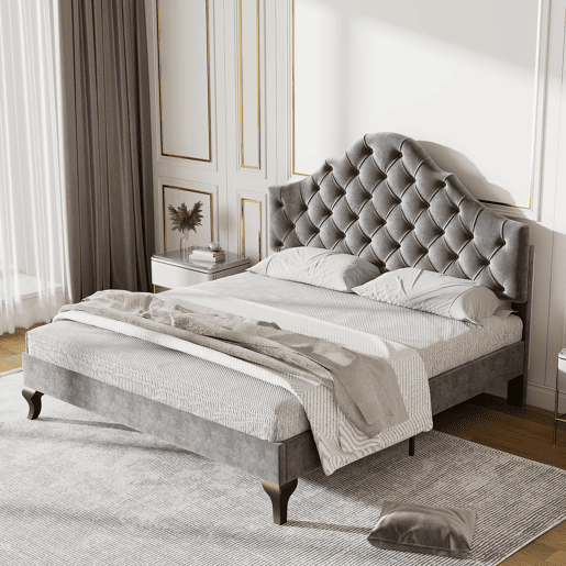 Cama estofada 140x200cm em veludo com cabeceira regulável + estrado - Cinzento