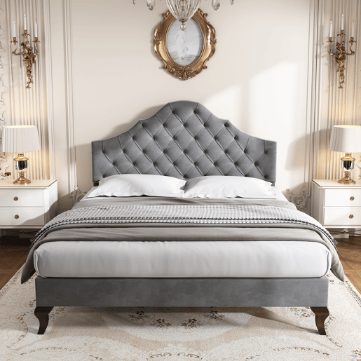 Cama estofada 140x200cm em veludo com cabeceira regulável + estrado - Cinzento