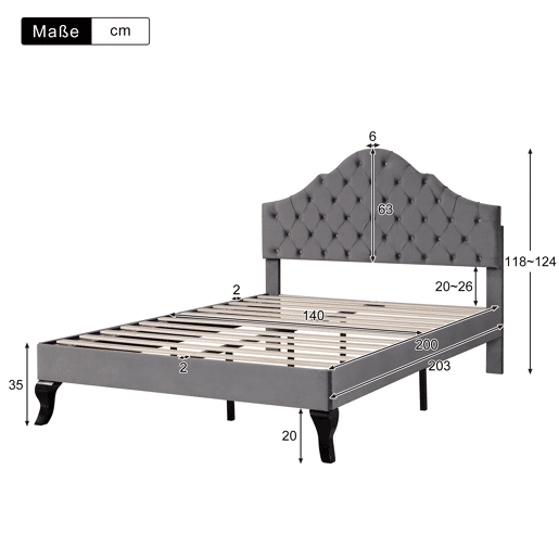 Cama estofada 140x200cm em veludo com cabeceira regulável + estrado - Cinzento