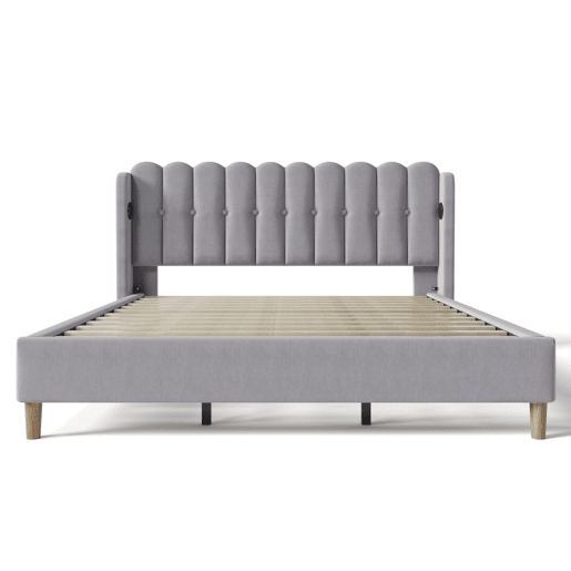 Cama estofada em linho 180x200 cm - com portas de carga e estrado - Cinzento