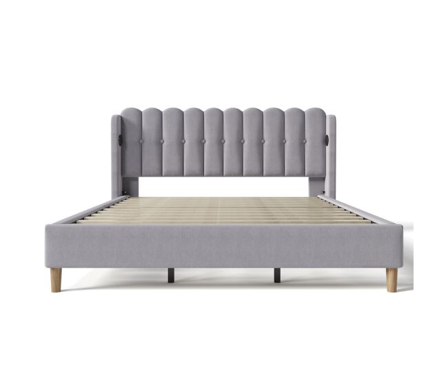 Cama de lino acolchada de 180x200 cm - con puertos de carga y somier - gris