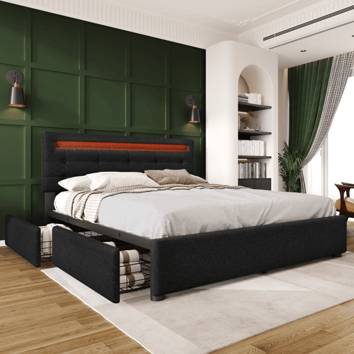 Cama contentora para roupa de cama com LED 140x200 cm + 2 gavetas + estrado - Preto