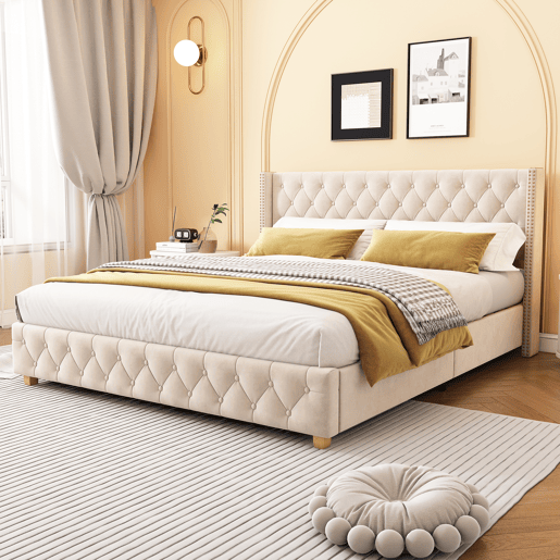 Cama de adulto estofada em veludo - 180x200 cm - com estrado de molas - Bege