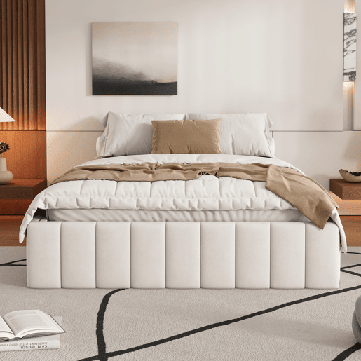 Cama estofada 140x200cm em veludo sem cabeceira - com gavetas e estrado de molas - Bege