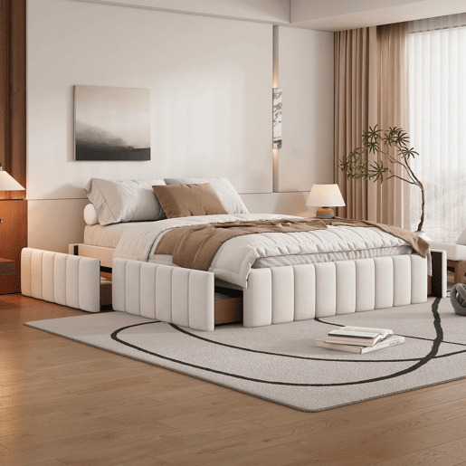 Cama estofada 140x200cm em veludo sem cabeceira - com gavetas e estrado de molas - Bege