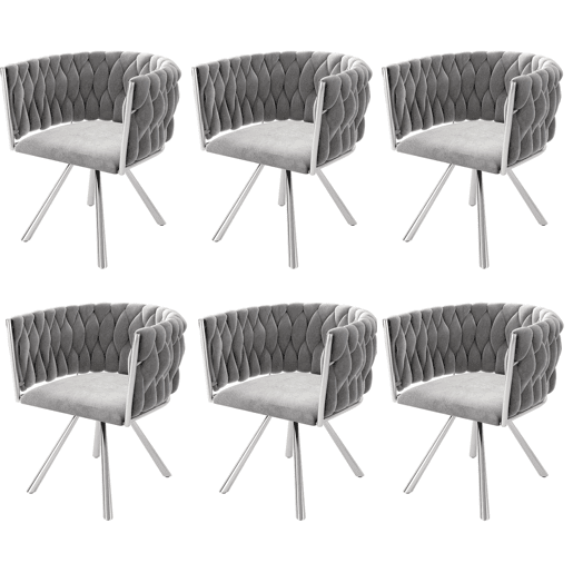 Conjunto de 6 cadeiras giratórias de veludo com braços - pernas de metal prateado - Cinzento Conjunto de 6 cadeiras giratórias de veludo com braços - pernas de metal prateado - Cinzento