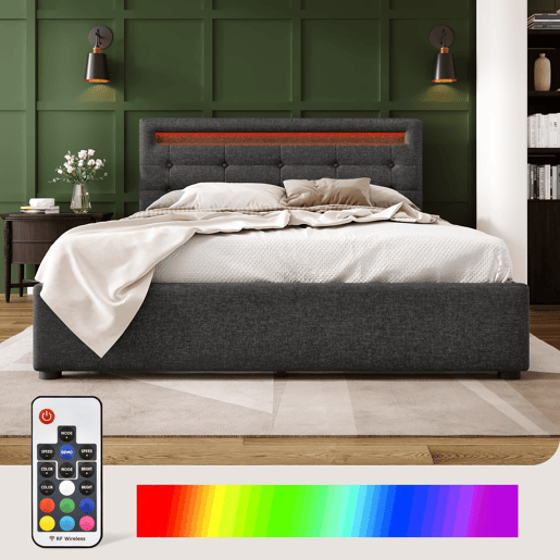 Cama contentora para roupa de cama 140x200 cm com LED + 2 gavetas + estrado - Cinzento