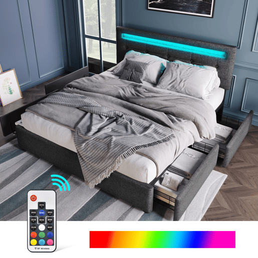 Cama contentora para roupa de cama 140x200 cm com LED + 2 gavetas + estrado - Cinzento