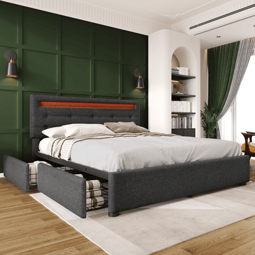 Cama contentora para roupa de cama 140x200 cm com LED + 2 gavetas + estrado - Cinzento