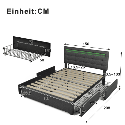 Cama contentora para roupa de cama 140x200 cm com LED + 2 gavetas + estrado - Cinzento