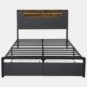 Cama com gaveta 160x200cm estofada em tecido de linho - com LED e portas de carregamento - Cinzento