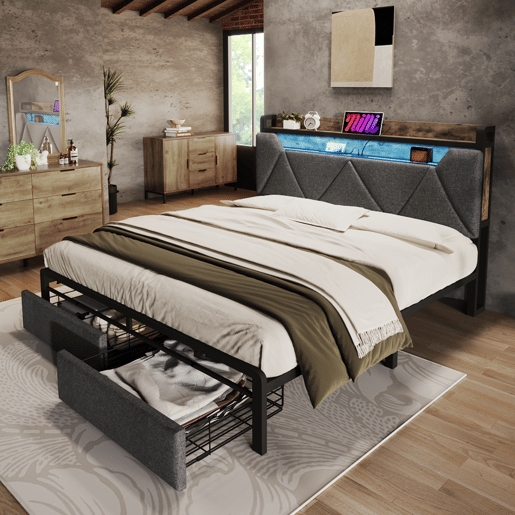 Cama com gaveta 160x200cm estofada em tecido de linho - com LED e portas de carregamento - Cinzento