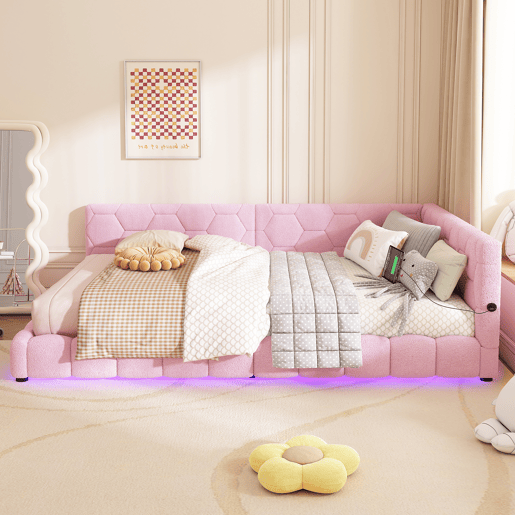 Sofá-cama de veludo 140x200 cm - com LED e porta USB - Rosa
