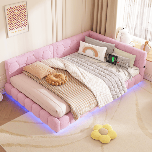 Sofá-cama de veludo 140x200 cm - com LED e porta USB - Rosa