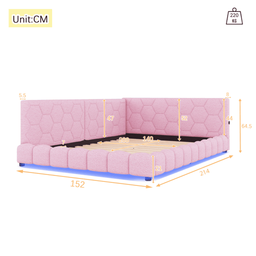 Sofá-cama de veludo 140x200 cm - com LED e porta USB - Rosa