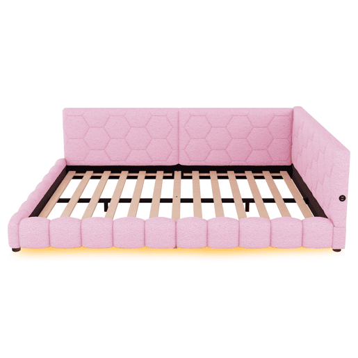 Sofá-cama de veludo 140x200 cm - com LED e porta USB - Rosa