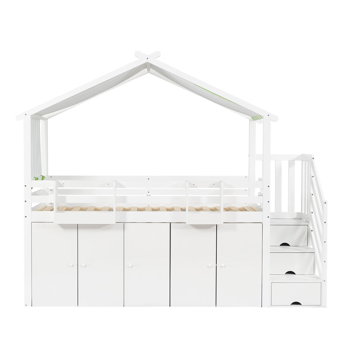Litera 90x200 cm - madera maciza - con 1 armario, 2 taquillas y escalera de almacenamiento - blanco
