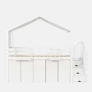 Beliche 90x200 cm - madeira maciça - com 1 roupeiro, 2 cacifos e escada de arrumação - Branco