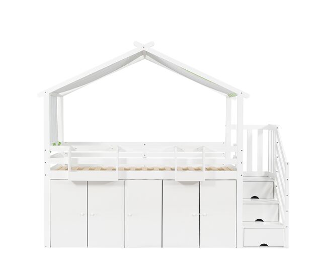 Litera 90x200 cm - madera maciza - con 1 armario, 2 taquillas y escalera de almacenamiento - blanco