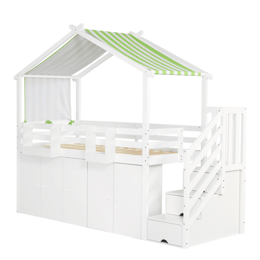 Beliche 90x200 cm - madeira maciça - com 1 roupeiro, 2 cacifos e escada de arrumação - Branco