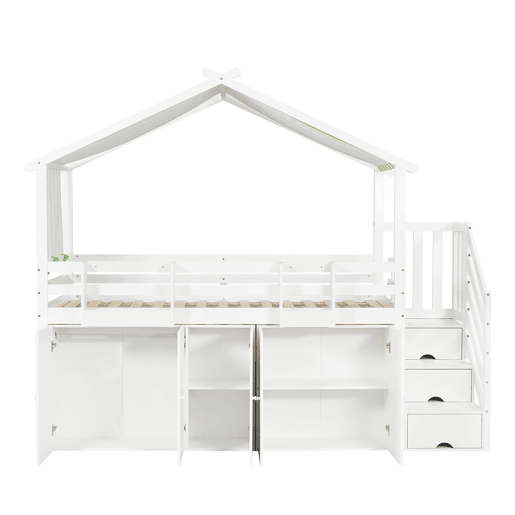 Beliche 90x200 cm - madeira maciça - com 1 roupeiro, 2 cacifos e escada de arrumação - Branco