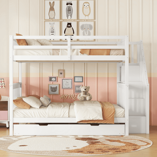Beliche 140x200cm em madeira de pinho - com 2 gavetas e cama com gavetão - Branco