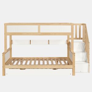 Beliche 90x200cm + 120x200cm + cama de rodízio 90x190cm - com prateleiras, roupeiro e escada de arrumação - em madeira de pinho e MDF - Branco e Natural