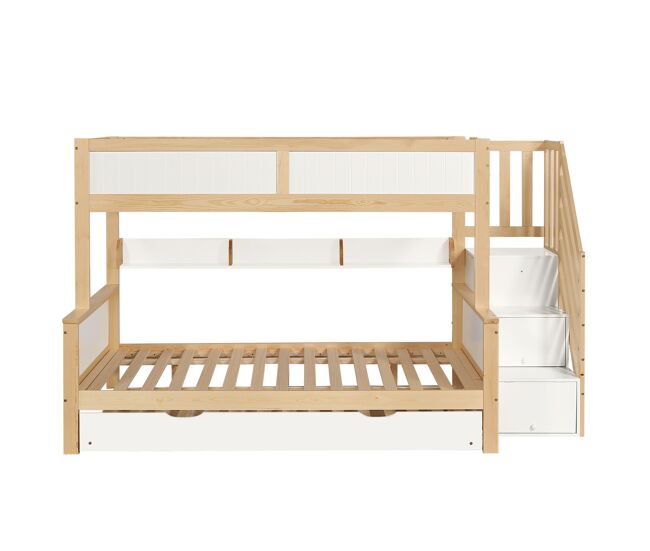 Litera 90x200cm + 120x200cm + cama nido 90x190cm - con estantes, armario y escalera almacenaje - en madera de pino y mdf - blanco & natural