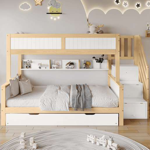 Beliche 90x200cm + 120x200cm + cama de rodízio 90x190cm - com prateleiras, roupeiro e escada de arrumação - em madeira de pinho e MDF - Branco e Natural