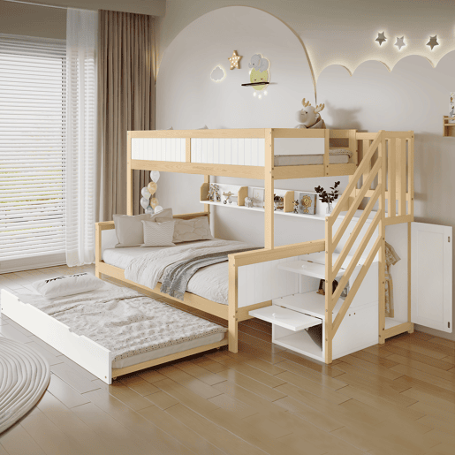 Beliche 90x200cm + 120x200cm + cama de rodízio 90x190cm - com prateleiras, roupeiro e escada de arrumação - em madeira de pinho e MDF - Branco e Natural