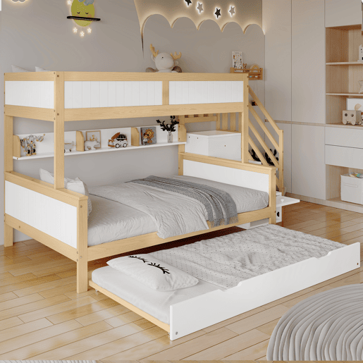 Beliche 90x200cm + 120x200cm + cama de rodízio 90x190cm - com prateleiras, roupeiro e escada de arrumação - em madeira de pinho e MDF - Branco e Natural