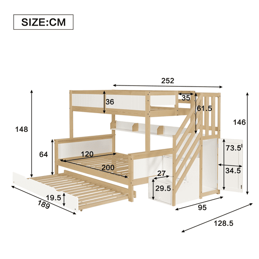 Beliche 90x200cm + 120x200cm + cama de rodízio 90x190cm - com prateleiras, roupeiro e escada de arrumação - em madeira de pinho e MDF - Branco e Natural