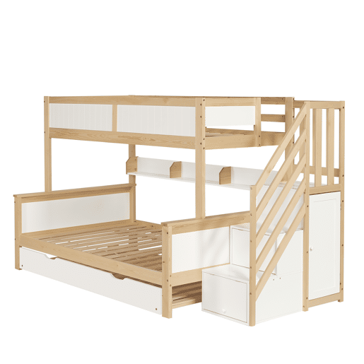 Beliche 90x200cm + 120x200cm + cama de rodízio 90x190cm - com prateleiras, roupeiro e escada de arrumação - em madeira de pinho e MDF - Branco e Natural