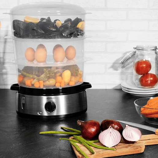 Cecotec Vaporizador elétrico de 800 W, com 3 recipientes, 9 l de capacidade total e tigela para arroz.