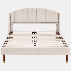 Cama estofada 140x200cm em veludo com estrado de ripas - Bege
