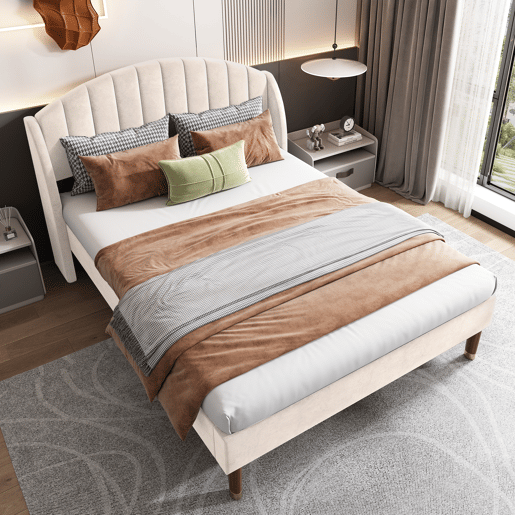 Cama estofada 140x200cm em veludo com estrado de ripas - Bege